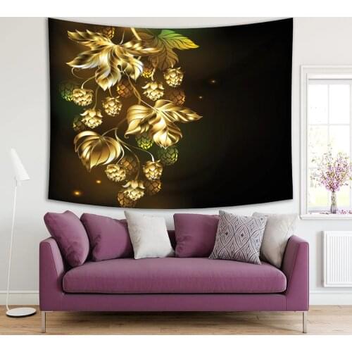 Tapestry Gold Branch of Hop Green Leaves on Black background Nature Stylish Floral Pattern Printed