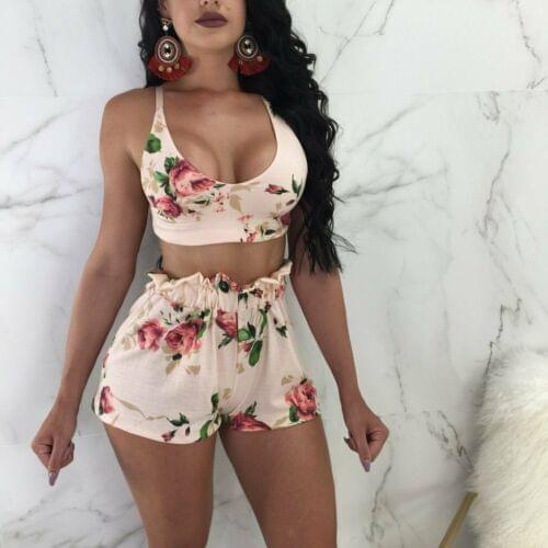 Two Piece Set Women 2019 New Summer Sexy Women Low Cut Print Crop Tops+Elastic High Waist Print Shorts