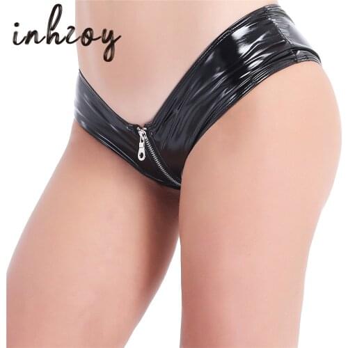 Summer Women Black Shiny Patent Leather Open Zipper Crotch Low Rise Latex Shorts Female Clubwear Rave Sexy Mini Shorts