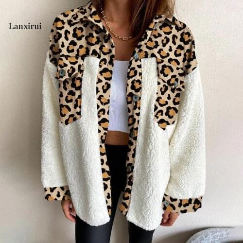 Autumn Winter Warm Wool Fleece Coat Women Plaid Leopard Print Patchwork Jacket Elegant Turn-down Collar Single Breasted Outwear
