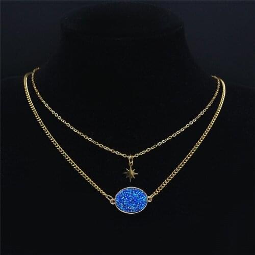 2PCS Blue Natural Stone Stainless Steel Layer Necklaces Women Gold Color Oval Star Chain Necklaces Jewelry bijoux NS04