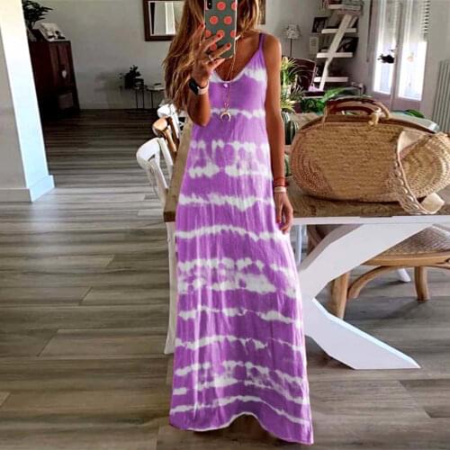 Casual Loose Woman Dress V Neck Tie Dye Sleeveless Dress Summer Dress Long Dresses Beach Dress Maxi Dress for Women vestidos