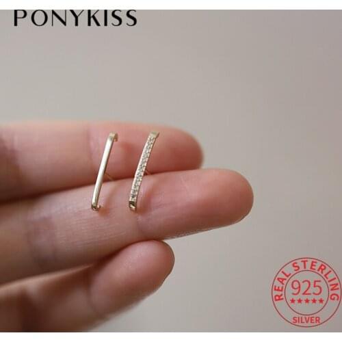 PONYKISS Real 925 Sterling Silver Asymmetry Glossy Row Zircon 14K Gold Stud Earrings For Women Punk Fine Jewlry Drop Shipping