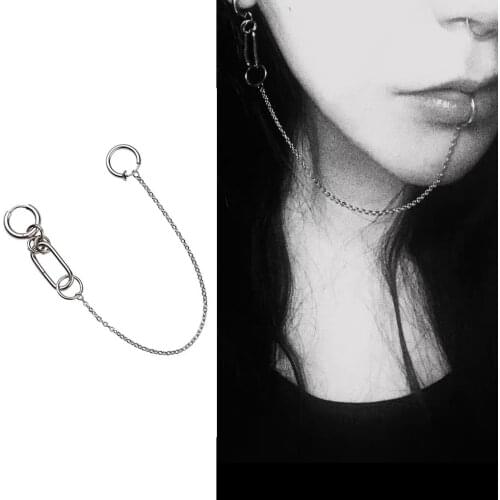 New Gothic Lip Nose Chain Dangle Earrings For Women Girls Punk Hip Hop Chained Ear Lip Nose Ring Fashion Body Piercing Jewelery