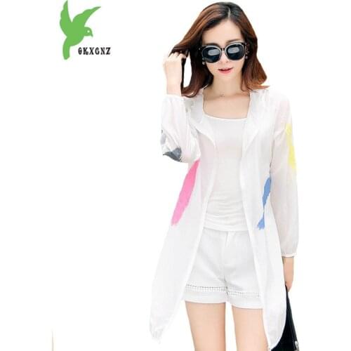 Summer Women Sunscreen Windbreaker Coat Fashion Print Hooded Sun protection clothing Beach Holiday Thin Trench Coat OKXGNZ H167