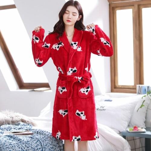 Winter Red Ladies Flannel Thicken Warm Soft Robe Comfort Fresh Style Cute Cow Cartoon Sleepwear Casual Nightgown Femme Homewear