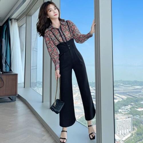 Women Summer Fall Fashion Two Piece Outfits Long Sleeve Printes Shirt Top&High Waist Wide Leg Overalls Pants Sets Chic 2pc Suit