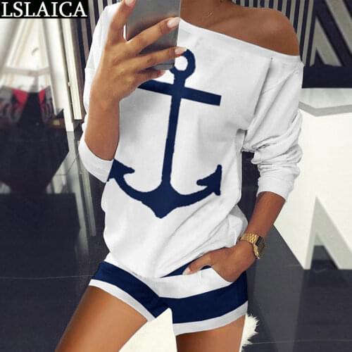 New women sets short sleeve off the shoulder tops&short pants causal 2 piece set women anchor printing elegant two piece set