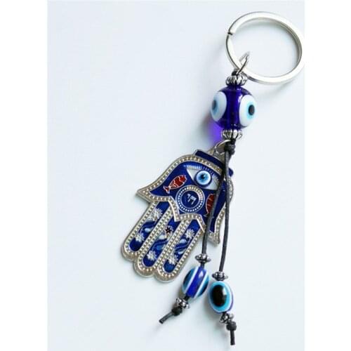 1PC Hand Of Fatima Blue Eyes Pendant Alloy Glass Demon Eye Keychain Turkish Hamsa Hand Souvenir Jewelry Handmade Wall Hangings