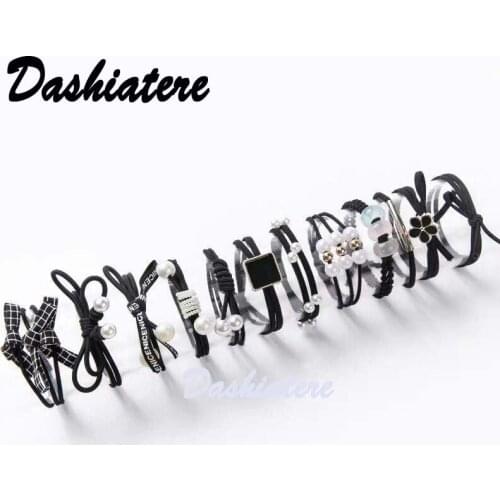 12pcs/lot Black Hair Ties Head Scrunchies Pack Adult Elastic Rope Bands Square Bowknot Headwear Pearl Accessories Hairbands