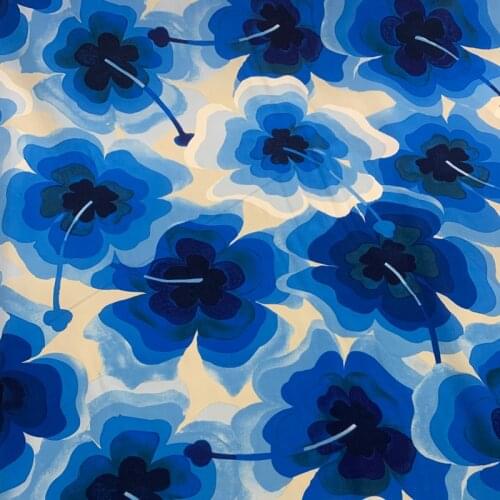 140CM Wide 19MM Blue Floral Print Silk Crepe Fabric for Summer Dress Shirt Cheongsam Suit Pants G063