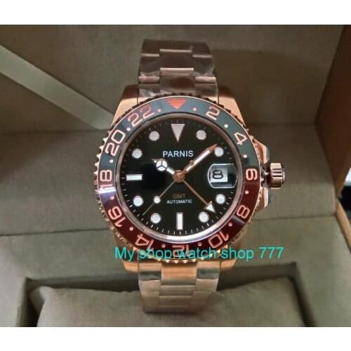 41MM PARNIS Automatic Self-Wind movement Ceramic bezel Sapphire Crystal luminous Rose Gold case GMT mens watch pa30-p8