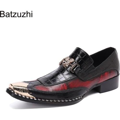 Batzuzhi Mens Shoes New Handmade Pointed Metal Toe Leather Dress Shoes Men Slip on Formal Business Leather Shoes for Men Party