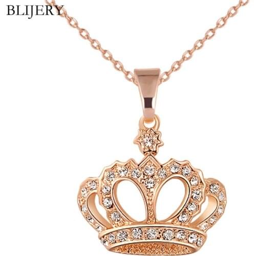 BLIJERY Women Fashion Jewelry Gold Silver Color Crystal Crown Pendant Necklace Chain Wedding Party Valentines Day Gifts