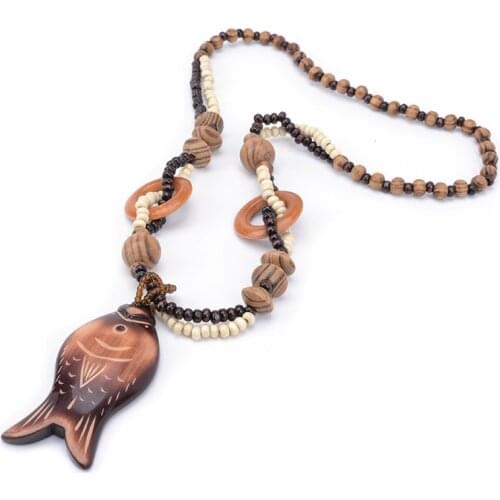Bohemian Retro National Wind Bead Pendant Necklace Wooden Hand Carved Fish Polycyclic Necklace Jewelry Christmas Gift