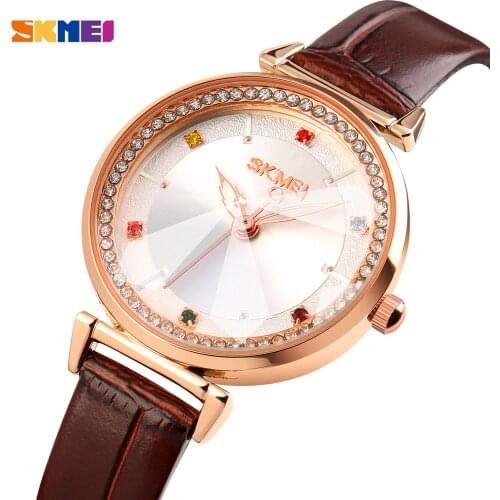 Vintage leather women quartz watches skmei top brand fashion ladies wristwatch with diamond clock luxury waterproof women watch