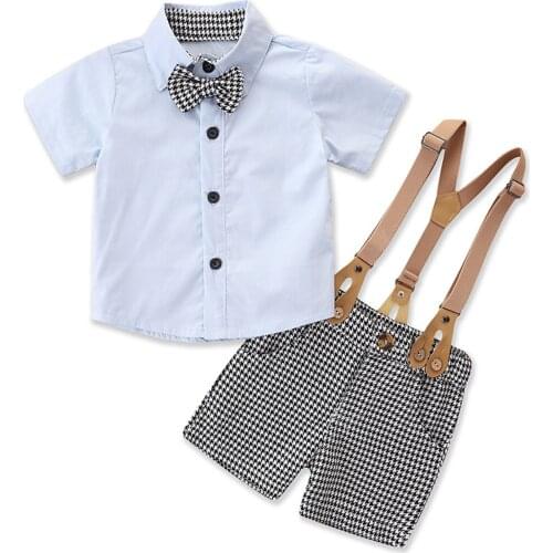 2021 Infant Houndstooth Print Outfits Baby Boy Button Down Short Sleeve Lapel Bowknot Shirt + Suspender Pants with Pocket 6M-4T