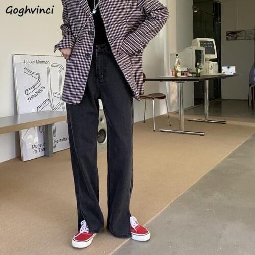 Jeans Women Harajuku Hip Hop Side Slit Streetwear Gray Mopping Korean Style Office Lady Vintage All-match Autumn Winter Fashion