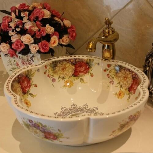 Flower shape Porcelain China Classic Art peony bathroom sinks ceramic countertop hand painted ceramic wash basin