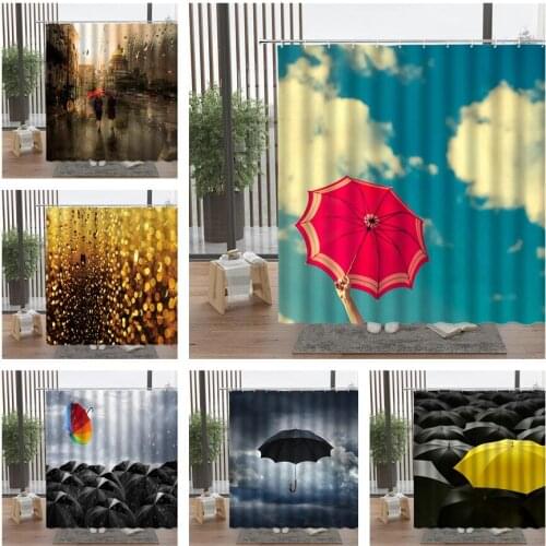 Colourful Umbrella Shower Curtain Summer Overcast Rain Sky Cloud Snowflake Water Drops Street Walk Shopping Woman Home Decor
