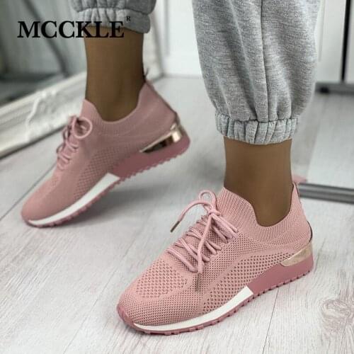 MCCKLE Women Sneakers Vulcanized Shoes Knitted Mesh Breathable Flat Shoes Ladies Lace-up Summer Comfortable Female Footwear