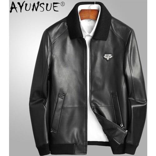 AYUNSUE Genuine Sheepskin Leather Jacket Men Clothing Baseball Style Detachable Fur Collar Fashion Clothes Ropa Hombre LXR931