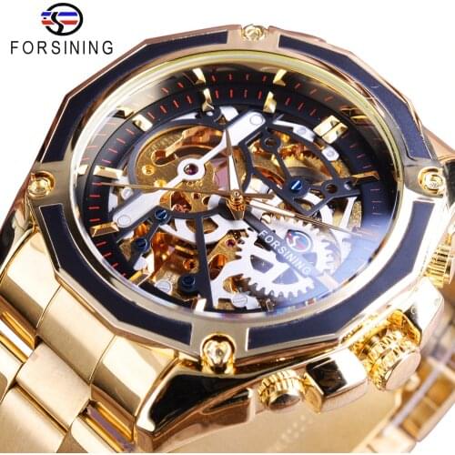 Forsining Steampunk Gear Design Transparent Case Automatic Watch Gold Stainless Steel Skeleton Luxury Men Watch Top Brand Luxury