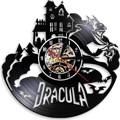 Draculas Castle Wall Art Wall Clock Halloween Dark Horror Home Decoration Gothic Vampire Bats Vintage Vinyl Record Wall Clock