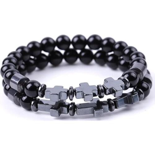 Cheap 8mm Bright Black Glass Beads hematite Cross Bracelets Women Men Jewelry Gift Yoga Jewelry Drop Shipping