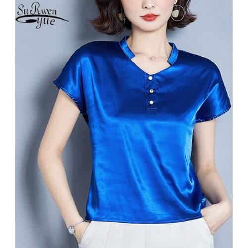 Summer 2021 New Silk Womans Shirts Short Sleeve Satin Shirt Solid Korean Style Loose Slim V-nevk Small Shirt Blusas Femme 10163