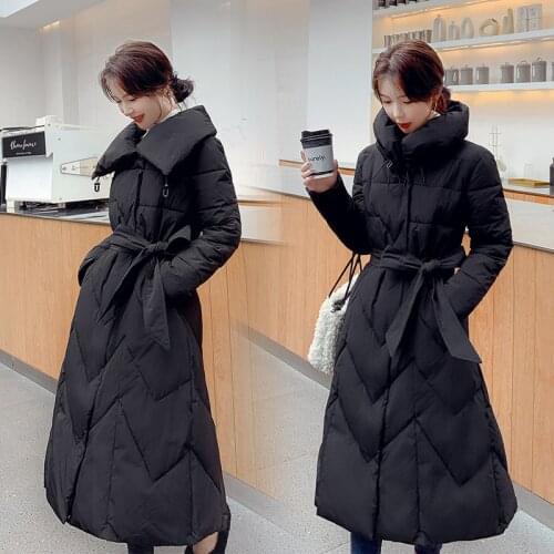 Down Jackets 2021 Fashion Women Winter Belt Coat Long Slim Thicken Warm Jacket Down Cotton Padded Jacket Outwear Parkas