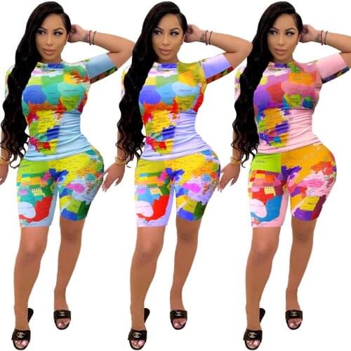 S-2XL summer two piece outfits Sexy personality Map printing short sleeve O-Neck top and shorts sets for women Dropshipping