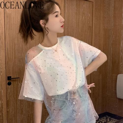 OCEANLOVE Sequined Mesh T Shirt Women Patchwork Fake Two Pieces Ropa Mujer Summer Student 2020 Fashion Loose T-shirt 15764