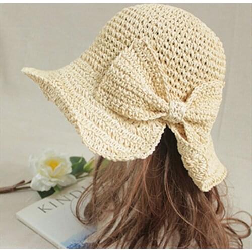 Handmade Summer Hats For Women Weaving Bowknot Sun Caps Wide Brim Soft Panama Hat Parent-Child Beach Hat Shade Caps