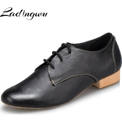 Ladingwu 2018 Salsa Dance Shoes Mens Modern Latin Dance Shoes Ballroom Tango Dancing Shoes Men Black Genuine Leather Heel 2.5cm