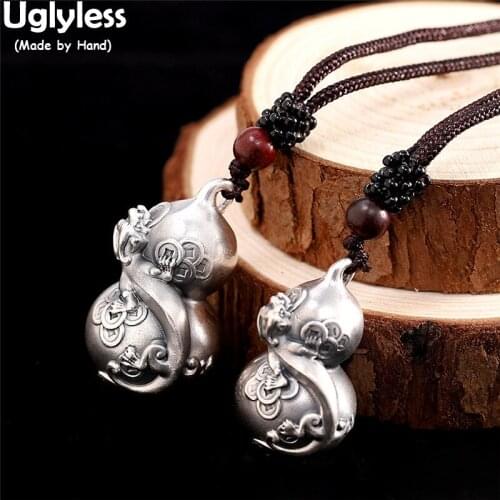 Uglyless 2 Sizes Real 999 Pure Silver Gourds Necklaces for Men Carved Dragons Pendants + Rope Chains Ethnic Wood Ethnic Jewelry