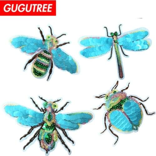 GUGUTREE embroidery Sequins big Bee beetle patches animal cartoon patches badges applique patches for clothing ALR-3