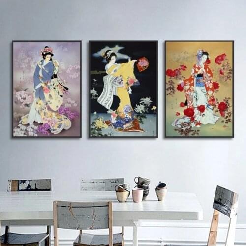 Japanese Women Canvas Painting Posters Portrait Girl Colorful Kimono Traditional Wall Art Printings Figure Picture Home Decor