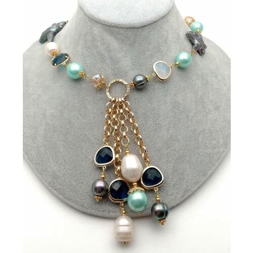 YYGEM 26'' Cultured Black Keshi freshwater Pearl Crystal multi color Sea Shell Pearl statement Necklace sweater chain