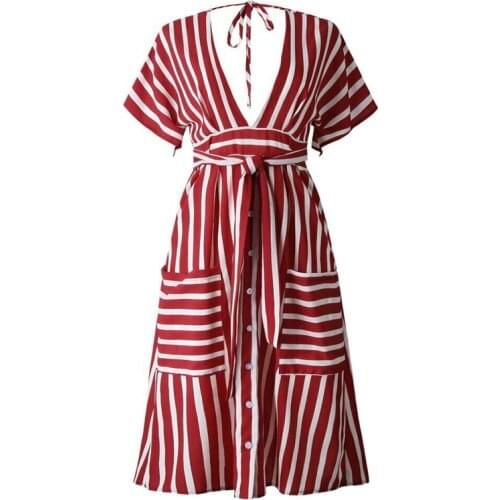 Women Summer Boho Maxi Dress Pockets Short Sleeve V Neck Striped Dresses Ladies Evening Party Beach Sundress