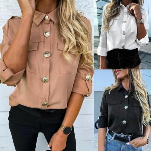 2020 New Casual Women Lapel Button Autumn Basics Long Sleeve Turn Down Collar Pocket Lapel Daily Wild Shirts Blouse Top