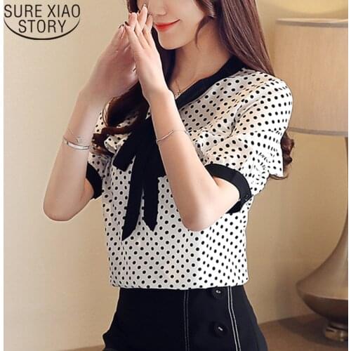 Short Sleeve Chiffon Women Blouse Lady Tops V-neck Office Lady Polka Dot Bow Flare Sleeve Women Tops 2021 Summer 5238 50