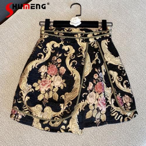 2021 Spring New Vintage High Waist Embroidery Black Floral Short Mini Skirt Women A Line Skirt
