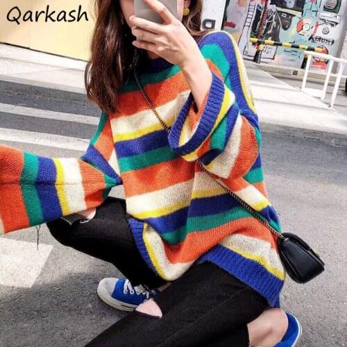 Striped Pullovers Women Fall Womens Sweaters Harajuku Sweet Fashion Streetwear Cute Top All-match Chic Spring Korean Style Loose