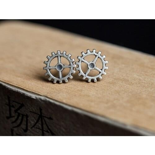 Real Silver Steam Rock Gear Stud Earrings Women Punk Earrings Vintage Party Wedding Jewelry Gifts for Girls Women Jewelry