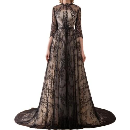 Women Long Black Lace Prom Party Dress Chapel Train Formal Evening Dresses with Sash 2021