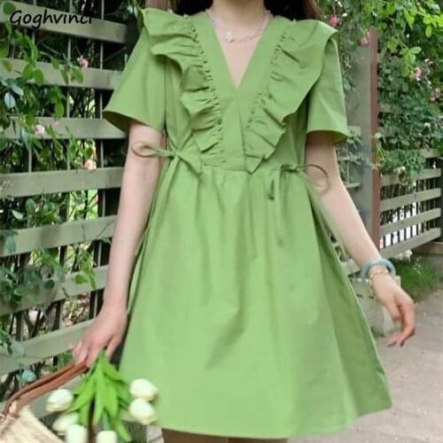 Dresses Women Ruffles Fashion Ladies Japanese Style Patchwork V-neck Casual 3 Colors Summer Colorful Kawaii Students Simple New