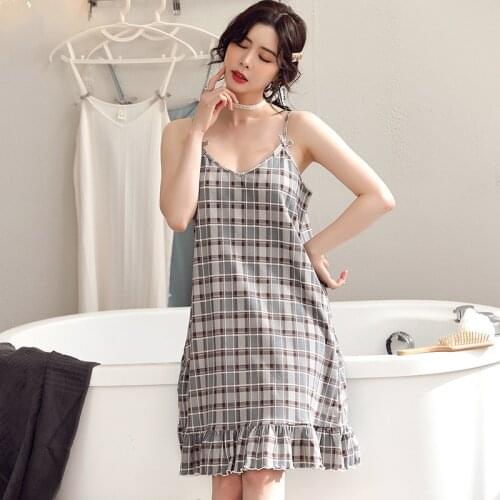 2021 New Summer Nightshirt Fashion Plaid Sexy Sleepwear Short Mini Dress Women Nightgowns Cotton Nightdress M-5XL 8 Styles
