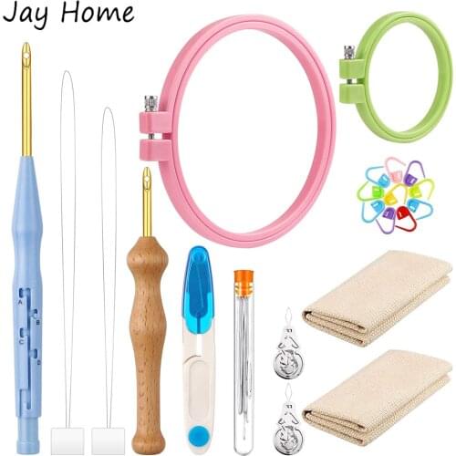 30Pcs Punch Needle Embroidery Kits Rug Yarn Punch Needle Embroidery Cloth Hoop Ring Needle Threader for DIY Sewing Stitching