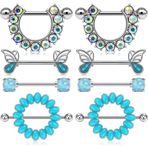 14G 4 Pairs Opal CZ Nipple Rings Barbell Heart CZ Stainless Steel Nipplerings Tongue Rings Body Piercing Jewelry Set